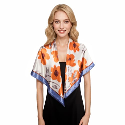 RIIQIICHY Head Scarf for Women Like Silk Scarf Hair Scarf Printed Square Scarf Bandanas for Women 35 Inches - color: Cream/Blue/Orange/Brown