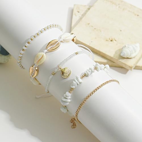 Shell Ankle Bracelets Set for Women Boho Bead Anklets Hawaiian Summer Beach Seashell Pearl Disc Puka Cowrie Conch Foot Chain Jewelry Gifts Gold Tone Adjustable - style: Shell