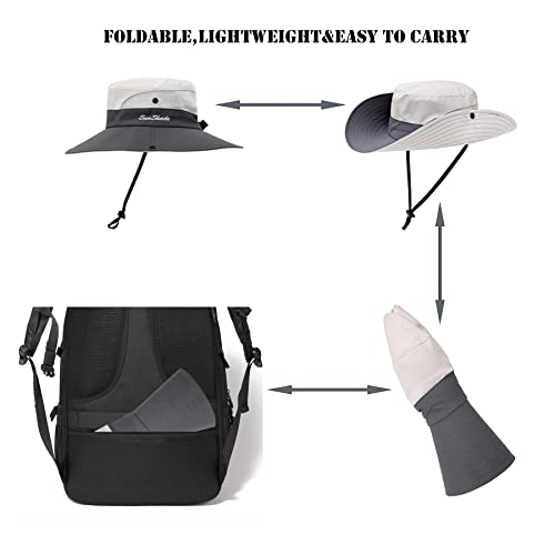 Womens Summer Sun Hat Beach Hat Wide Brim Outdoor UV Protection Hat Foldable Cool Mesh Ponytail Bucket Hat - color: Grey+beige