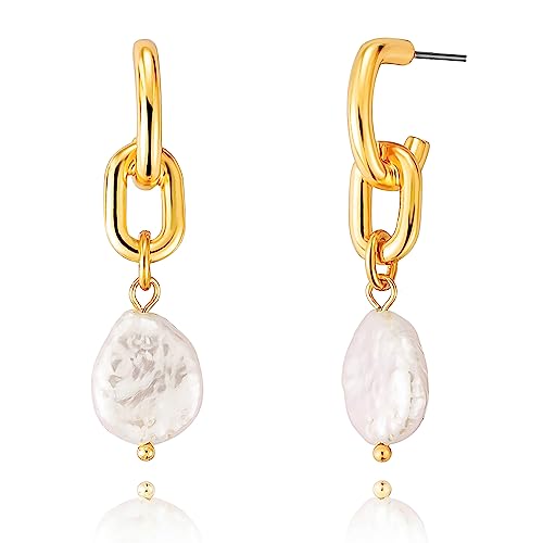 Stud Earrings for Women 14k Gold Plated Geometric Dangle Earrings Lightweight Minimalist Handmade Hammered Texture Oval Disc Drop Double-layer Big Hoop Dangle Earrings for Women - color: Pearl Drop-B