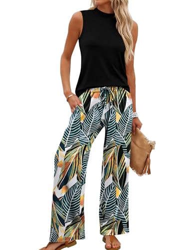 WIHOLL Two Piece Set for Women Summer Spring Outfits Cruise Travel Airport Beach Vacation Mock Neck Wide Leg Pants Set - color: Floral Palm Leaf, size: Medium