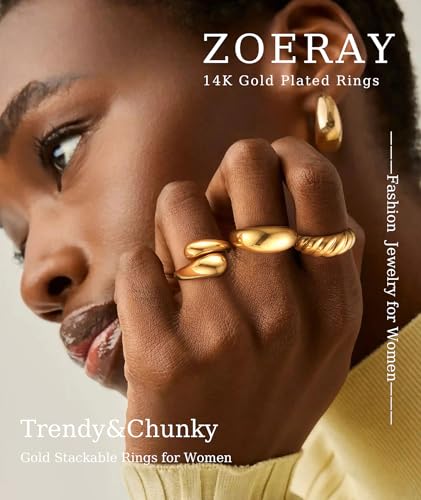 ZOERAY Chunky Gold Rings for Women Non Tarnish Trendy 14k Gold Plated Adjustable Signet Band Stackable Thumb Ring Set Open Twist Dome Statement Stacking Rings Jewelry Gifts for Women Size 5-10 - color: B.Croissant Chunky Rings