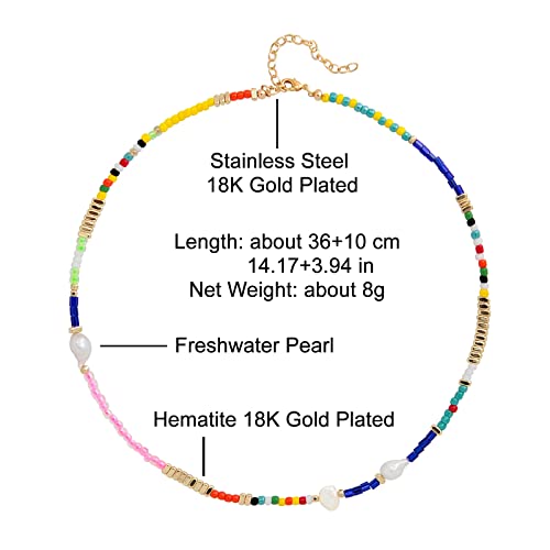 Wellike Freshwater Pearl Beaded Necklace for Women Handmade Boho Colorful Glass Beads Choker Necklace Stainless Steel 18K Gold Plated Bohemian Women Summer Jewelry Gifts - color: KKWX0521AMZ