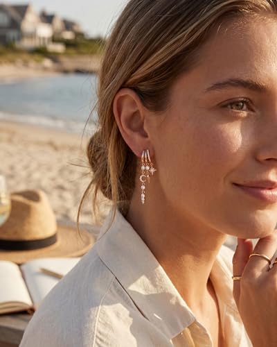 MUMREUES Gold Earrings for Women Trendy 14K Gold Plated Dangle Earrings Small Hoop Huggie Drop Stud Earrings Cubic Zirconia Simple Minimalist Dainty Chain Tassel Hypoallergenic Earrings - color: Celestial & Rose Gold