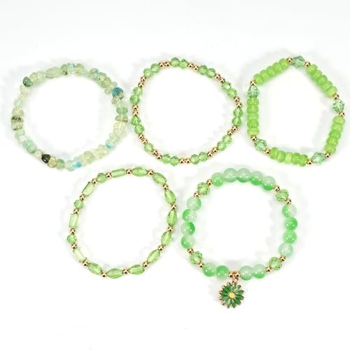 coadipress 5Pcs Bohemian Flower Stackable Bead Bracelets for Women Multilayer Crystal Glass Beaded Charm Bangles Bracelet Boho Summer Beach Hawaii Holiday Statement Jewelry - color: Green