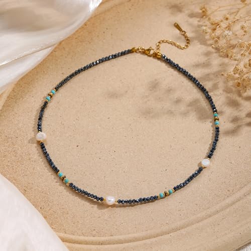 Turquoise Choker Necklace for Women, Western Crystal Bead & Pearl Necklace with Adjustable Chain Natural Stone Energy Jewelry, Boho Beaded Choker for Gifts - color: Turq Beads Pearl