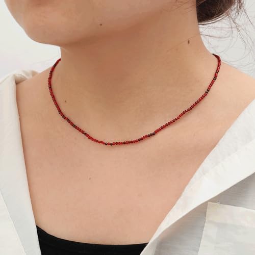 JSJOY Tiny Crystal Beaded Choker Necklaces for Women Colorful Beaded Necklace Dainty Choker Necklaces Simple Boho Jewelry Gifts for Teens Handmade Shining Bead Necklaces Gifts - color: Dark Red