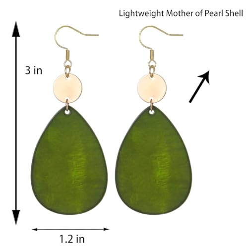 Elisheva Bohemian Lightweight Mother of Pearl Shell Drop Dangle Earrings for Women, Boho Chic Hippie Waterdrop Statement Jewelry Gift - color: olive green