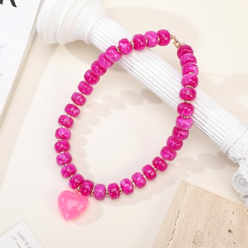 Chunky Colorful Beaded Statement Boho Summer Beach Chokers Necklace Heart Pendant Pink Green Yellow Brown Fashion Jewelry - color: Gold-Cranberry pink