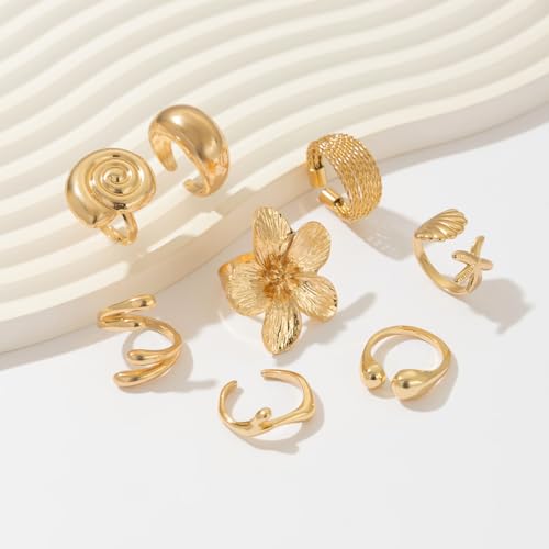 Chunky Gold Rings for Women Non Tarnish Boho Stackable Rings Set Adjustable Open Joint Finger Midi Knuckle Ring Packs - color: Gold Chunky Starfish Rings 8Pcs