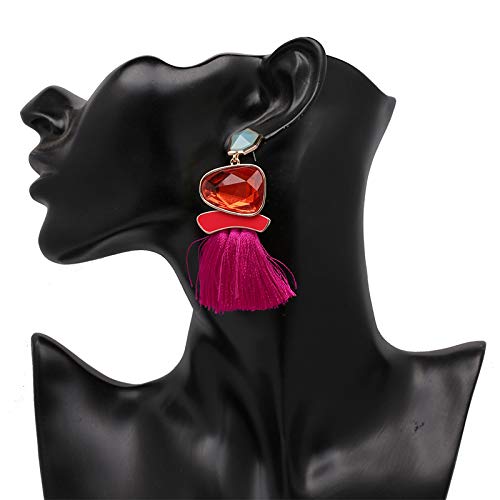 Vintage Long Tassel Drop Dangle Earrings Rhinestone Water Heart Leaf Shaped Boho Statement National Ethnic for Women Multicolor Boho Jewelry - color: Rose Red