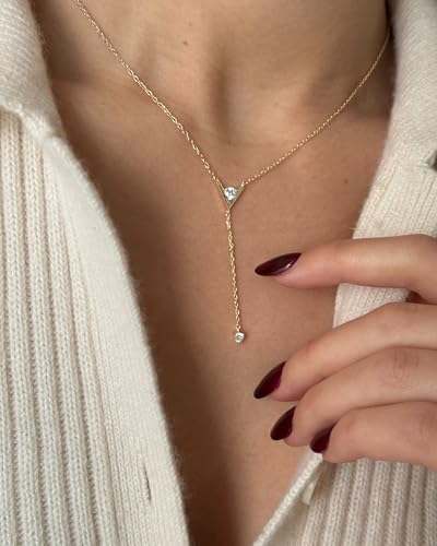 PAVOI 14K Gold Plated Drop Lariat Chain for Women - Cubic Zirconia Long Necklace - Station Star Layered Beaded Y Necklace - style: V-Shaped