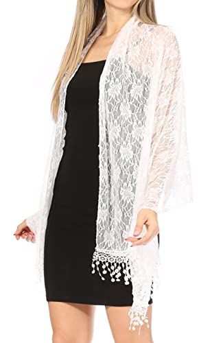 Sakkas Mari Women's Large Lightweight Soft Lace Scarf Wrap Shawl Floral and Fringe - color: Style2-white