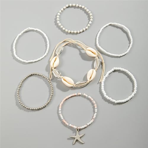Pingyongchang Bohemian Stackable Shell Beaded Ankle Bracelets for Women Colorful Boho Multi-Layer Seashell Gold Starfish Adjustable Handmade Braid Bracelet Summer Beach Holiday Accessories Gifts - color: Silver