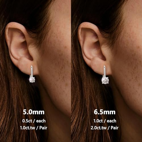 KRKC Moissanite Earrings, 1.0ct-2.0ct D Color Lab Created Diamond Earring, 14k White Gold Plated Sterling Silver Dangle Earrings S925 Leverback Drop Earring for Women Hypoallergenic Jewelry for Gifts - color: Round-Silver-6.5mm