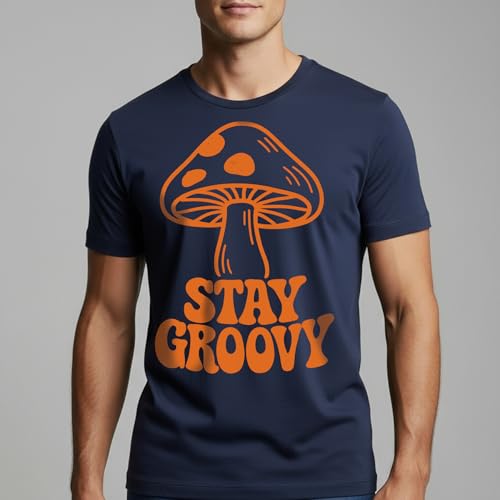 Stay Groovy Mushrooms T-Shirt– Retro Aesthetic Apparel – 100% Cotton Unisex Tee - color: Navy, size: Medium