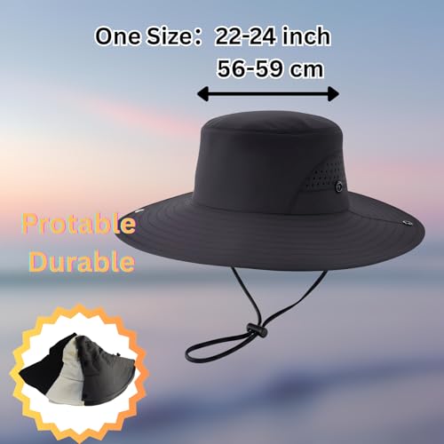 Wide Brim Nylon Sun Hat for Men Women Premium Packable Outdoor Fishing Hiking Hat Breathable Vent Holes Foldable for Beach - color: Black