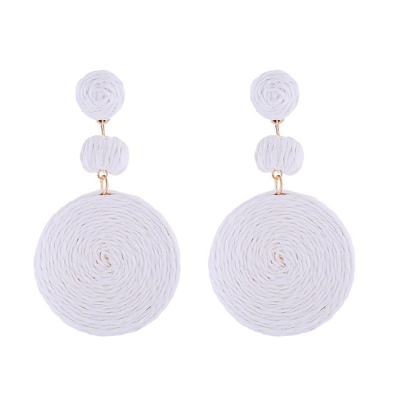 Boho Raffia Ball Earrings for Women, Handmade Statement Drop Earrings Straw Dangle Earrings Beach Vacation Jewelry - color: White