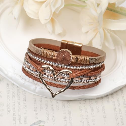 Leather Wrap Bracelet for Women, Boho Cuff Bracelet with Strong Clasp, Multi-Layer Crystal Leather Bracelet for Valentine Mother's Day - color: 01-Heart-Brown