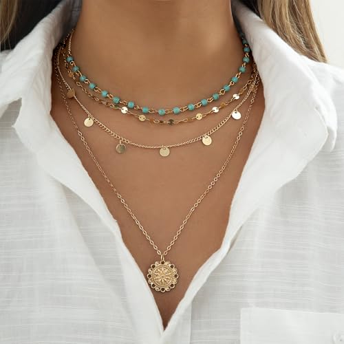 Gold Stack Necklace Chunky Necklaces for Women Trendy Coin Pendant Long Necklaces Western Jewelry for Women Cowgirl Cowboy Chic Country Outfit Boho Accessories Birthday Jewelry Gifts - color: B Boho Turquoise Necklaces