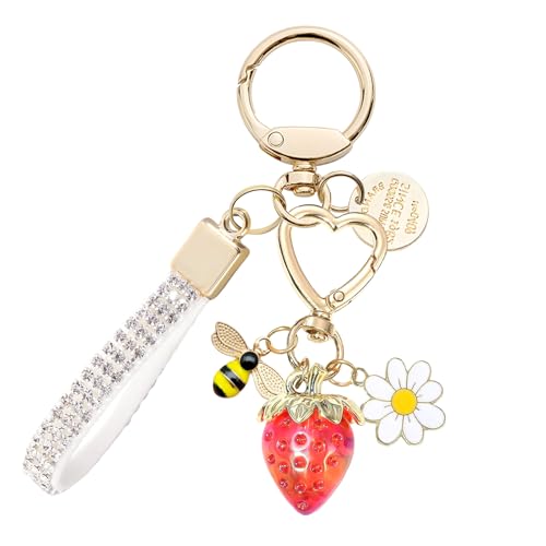 Keychain for Women Girls Bling Heart/Star/Strawberry Key Chain Accessories for Key/Backpack Bag Charm - color: Red Strawberry
