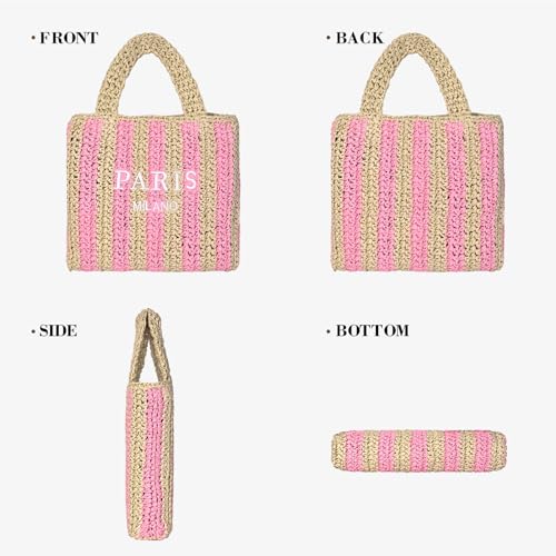 Straw Beach Bag for Women Summer Woven Tote Bag Packable Straw Purses and Handbags for Vacation Holiday - color: S-pink