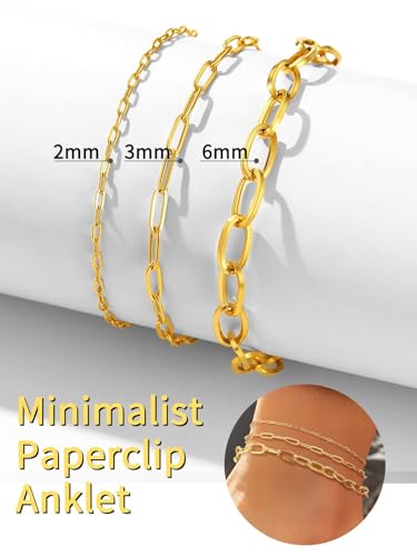 ChainsHouse Ankle Bracelets for Women, Stainless Steel Chain Anklets Waterproof, Women Summer Beach Jewelry Gift, Come with Box - color: 03. 3Pcs-(2+3+6mm)-Paperclip-14K Gold