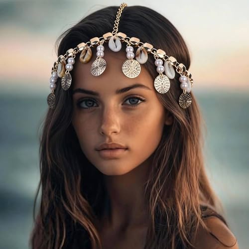 Teyglen Vintage Golden Coin Head Chain with Pearl Shell Tassel Hair Chain Boho Sequins Headpiece Wedding Head Jewelry for Women Beach Halloween Costume Accessory