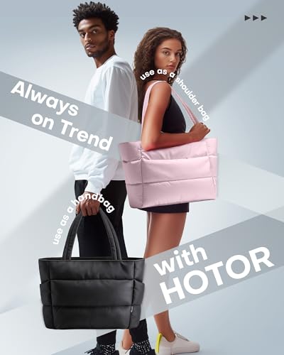 HOTOR Puffer Tote Bag for Women, Nurses - Multi-Pocket Lightweight Bag for Work - Quilted Handbag for Travel and Gym - color: Black, size: 18.1" × 6.3" × 11.8"