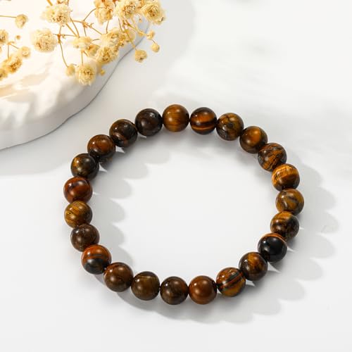 Gnamy Healing Crystal Bracelet for Women, Natural Stone Beaded Healing Crystal Bracelet Triple Protection Stress Relief Beads Jewelry Birthday Gifts Jewelry for Her - style: Tiger Eye