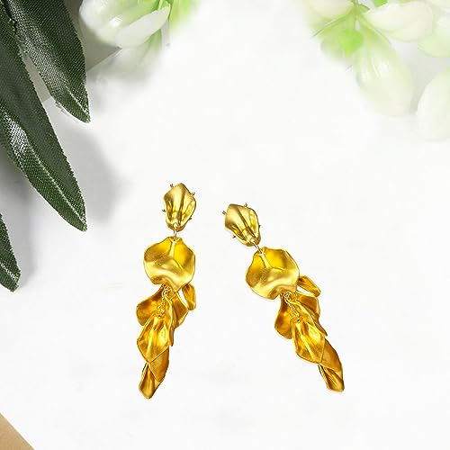 Long Acrylic Rose Petal Earrings Dangle Exaggerated Flower Earrings Drop Statement Floral Tassel Earrings for Women - color: Gold