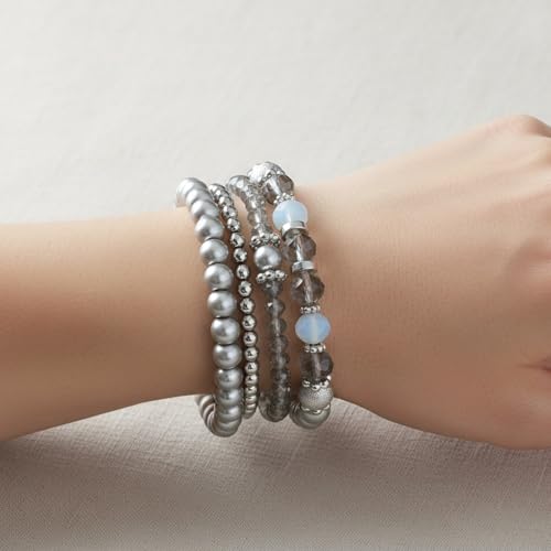 5PCS Beaded Stretch Bracelet Stackable Stylish Beaded Bracelets for Women Crystal Bead Boho Stretch Layering Stone Bracelets Trendy Costume Jewelry Gift Multilayered Disco Ball Faceted Bracelet - color: Gray, Silver