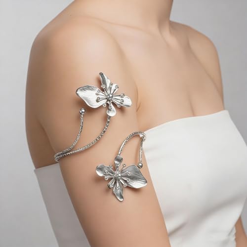 Flower Arm Cuff Bracelets for Women Adjustable Gold Upper ArmBand Jewelry Boho Floral Open Wrap Statement Bangle Bracelet Arm Cuff Jewelry Gifts for Women - color: Sliver