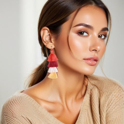 Clip on Earrings, Lightweight Colorful Layered Tassel Bohemian Statement Tiered Big Dangle Drop Earrings for Women, Non Pierced, Boho Jewelry - color: Maroon