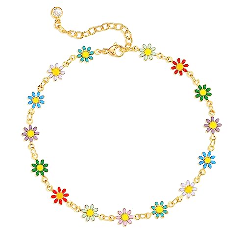 MTMY Gold Anklets for Women 14K Gold Plated Tiny Bead Anklet Colorful Tassel Foot Chain Dainty Adjustable Cute Summer Beach Boho Anklets Jewelry Gift - style: colorful daisies