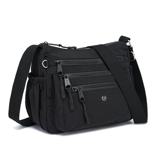 AOCINA Crossbody Bags for Women Multi Pocket Nylon Lightweight Ladies Purses Messenger Shoulder Handbags Satchel Travel Bag - color: Black, size: Large