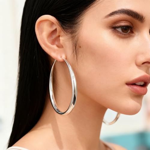 EXGOX Sterling Silver Hoop Earrings - Hypoallergenic, Lightweight, Chunky, 14K Real Gold Plated, Big Large Hoops for Women - color: Chunky&Silver hoop 70mm