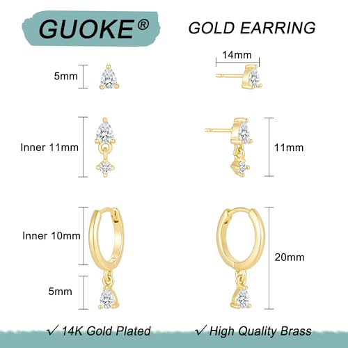 3 Pairs Small Earring Stacks, 14K Gold/Silver/Black/Rose Gold Plated Pearl Heart Butterfly Star Diamond Charm Drop Huggie Earrings Trendy Jewelry Gift for Women - color: Gold-Teardrop