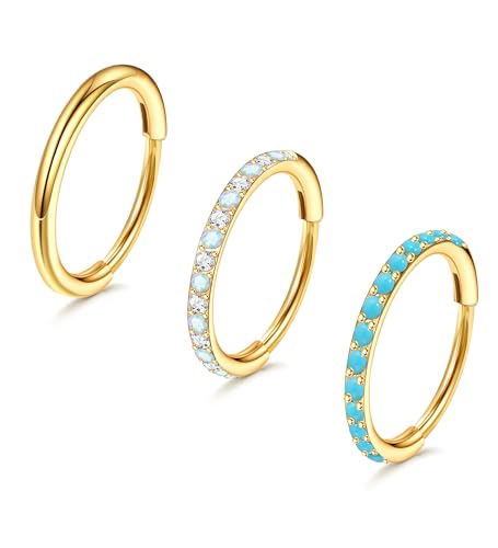 3pcs Nose Rings Hoops - 316L Surgical Steel Nose Hoops 16G/18G/20G CZ Opal Turquoise Clicker Septum Nose Ring Lip Helix Cartilage Hoop Earring Daith Rook Conch Body Piercing Jewelry for Women Men 6mm 8mm 10mm - color: Gold, size: 20 gauge(0.8mm)-6mm