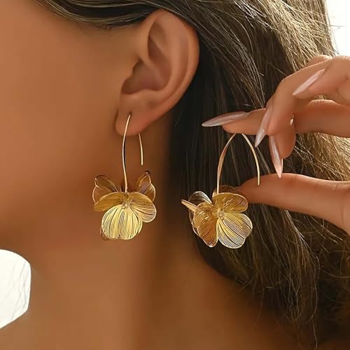 Gold Flower Statement Earrings for Women Boho Trendy Hoop Earrings Floral Dangle Petal Earring Prom Wedding Jewelry Gifts - color: B1:gold