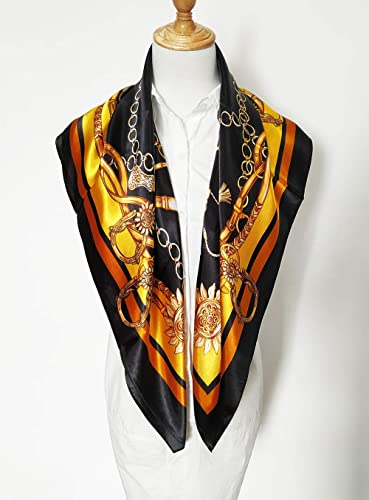 vabovin Satin Head Scarf for Women Silk Like Hair Scarf, 35 x 35 in | Silk Feel Fabric, Hair Wrap for Sleeping, Headscarf and Neck Scarf, Square Bandana Style, Fashion Accessory - color: 014 Black Golden Chain Print
