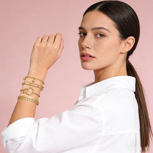 Alegend Titanium Steel (Not Rust, Resist Corruption, Easily Clean) 18K Gold Plated Single Bracelets + 14K Gold Plated Stackable Multilayer Bracelets - style: 14KGold + 4PCS C