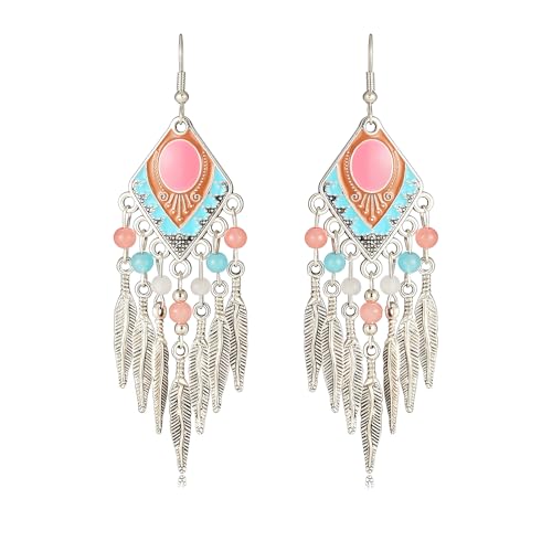 Boho Turquoise Drop Earrings Retro Long Copper Feather Tasse Metal Leaf Dangle Earrings Vintage Country Western Jewelry Cowgirl Ethnic Style Geometric Concert Festival Accessories for Women - color: Pink