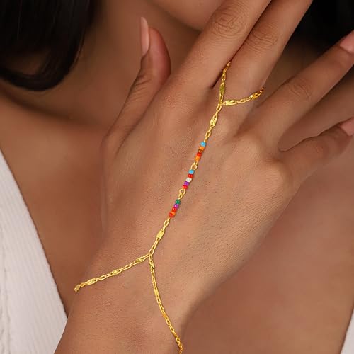 Hand Chain Bracelets for Women - 14K Real Gold Plated Dainty Stackable Paperclip Link Bracelets Hand Chain Bracelet Ring Gold Bracelets for Women Trendy - color: Colorful Twisted Hand Chain