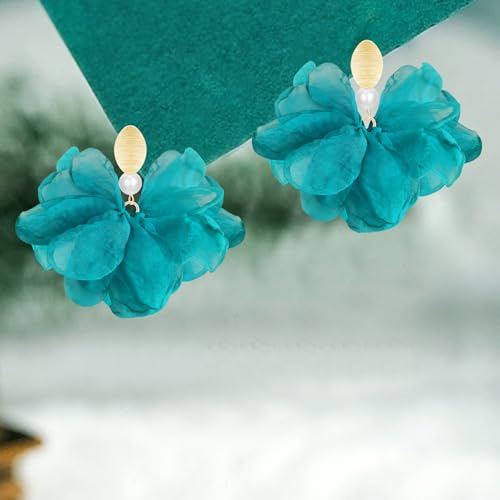 Handmade Fabric Flower Petal Fringe Dangle Drop Earrings Bohemian Floral Tassel Stud Earrings For Women - color: Blue Green