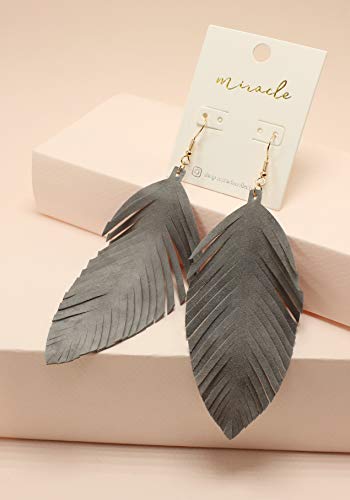 Large Genuine Soft Leather Handmade Fringe Feather Lightweight Tear Drop Dangle Color Earrings for Women Girls Fashion - color: GREY