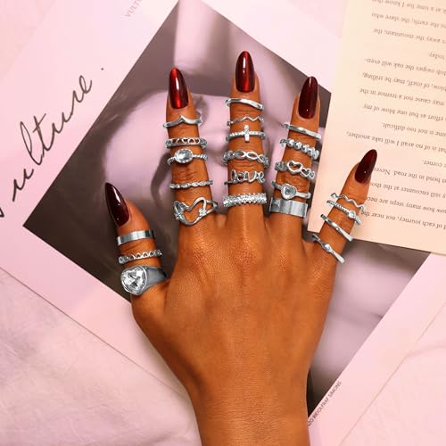 CHICUTIE Gold Knuckle Rings Set For Women Stackable Joint Finger Midi Rings Dainty Cubic Crystal Zirconia Hollow Twist Cute Pack Jewelry Gift - style: 23PCS SILVER