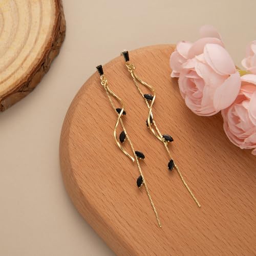 Temperament Long Zircon Tassel Earrings for Women Charm Jewelry Sparkling Crystal Leaves Twist Dangle Earrings for Friends - color: Gold-Balck Leaves