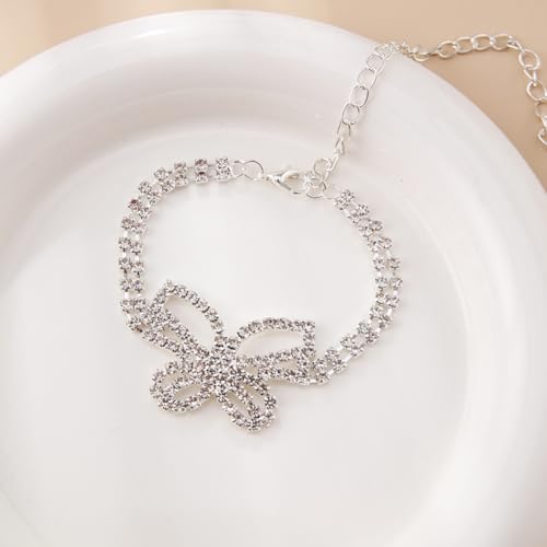 Gold Ankle Bracelets For Women Rhinestone Pendant Butterfly Tennis Anklet Bracelets Summer Foot Chain Jewelry - color: SilverA