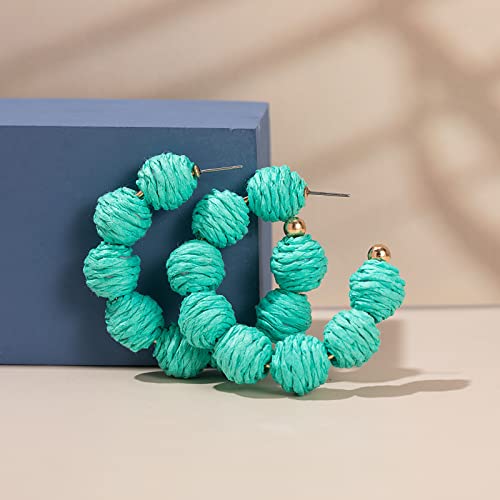Raffia Hoop Earrings Statement Boho Beaded Earrings Cute Rattan Handmade Colorful Jewelry for Women Unique Summer Outfits - color: Teal